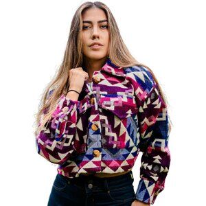 Women's Cropped Jacket 2025 Spring Alpaca Jacket Shacket Long Sleeve Purple Blue